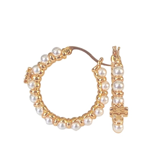 Auth Tory Burch Kira Imitation Pearl Bead Hoop Earring Card/Dust Bag Rtl $148 US - Picture 3 of 4